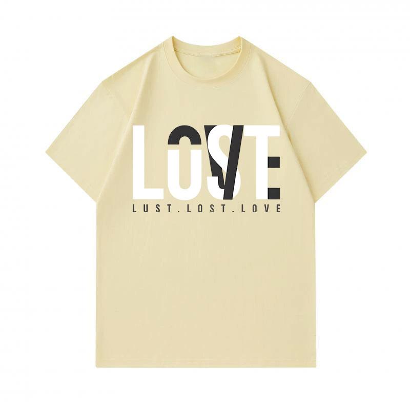 Men's 100% Cotton Crew Neck Short Sleeve T-Shirt, Minimalist LUST LOST LOVE Letter Print Casual Loose Fit Tee for Daily Home Outdoor Street Wear, Comf