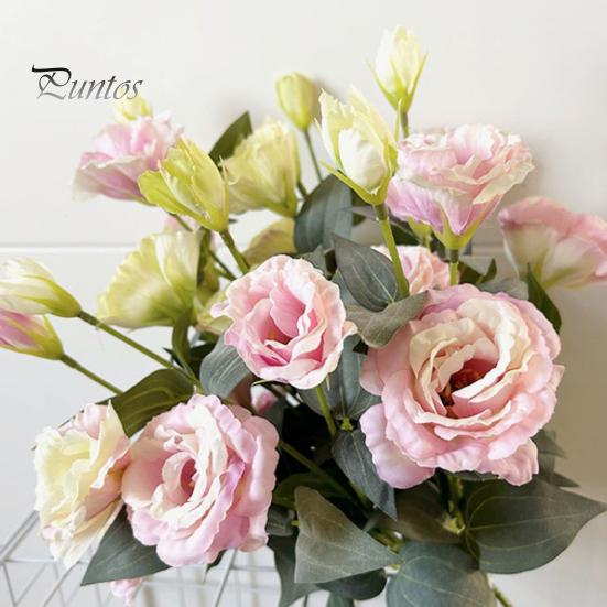Sun Exposure Flower 3 Heads Artificial Bouquet Faux Silk Eustoma Lisianthus with Long Fake Stem Floral Arrangement for DIY Wedding Table Centerpiece