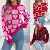 Women's Sweatshirt with Contrasting Colour Checkerboard Heart-Print Lantern Sleeves Pullover for Valentine's Day