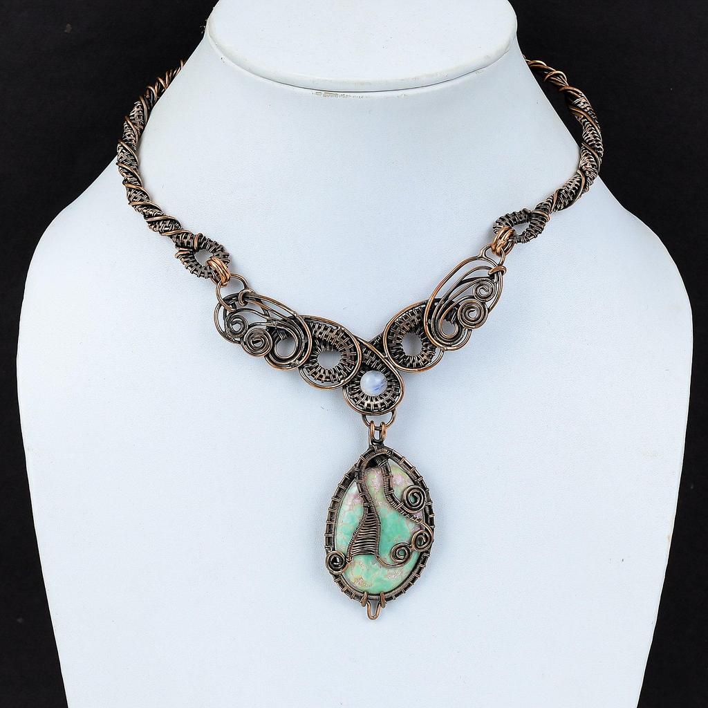 Ожерелье из варисцита, медная проволока, обернутая драгоценным камнем, ожерелье из лунного камня, медные украшения, ожерелье ручной работы, ювелирное изделие из проволочной обмотки, подарок для жены