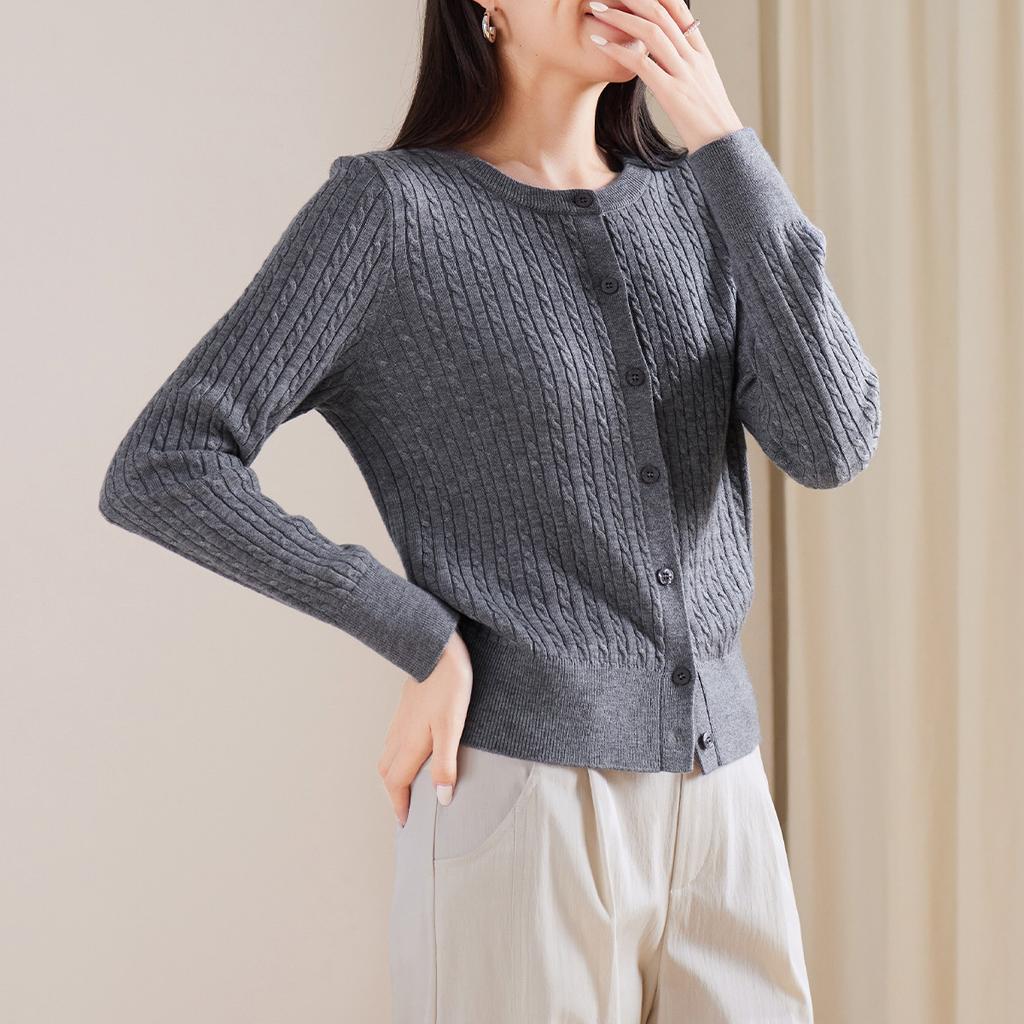 Twisted flower round neck knitted cardigan jacket for women in 2026 Spring and Autumn fashion, versatile and slimming casual wool sweater