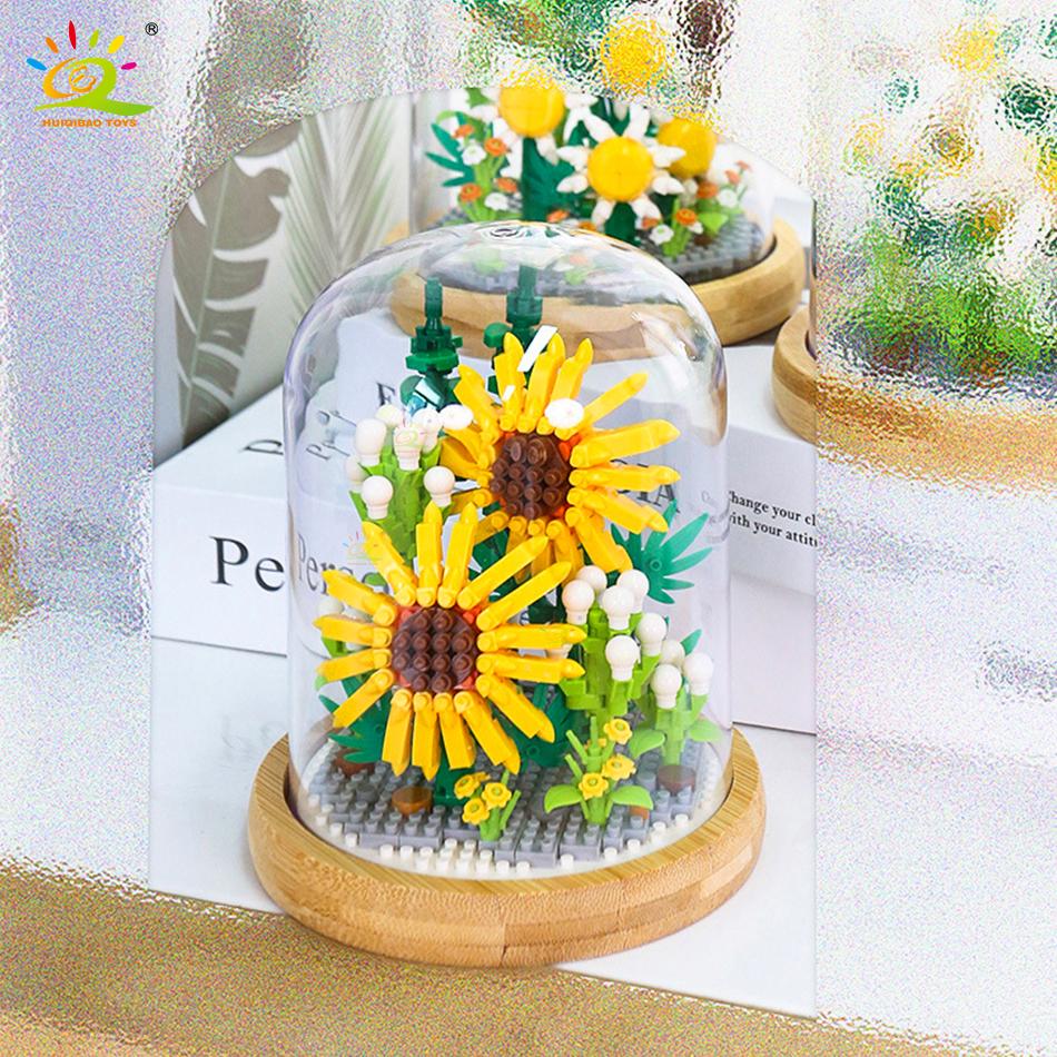 Цветок розы и хризантемы в горшках, строительные блоки, 3D модель букета, подсолнух, кирпичи, детские игрушки, подарок для девочек-друзей