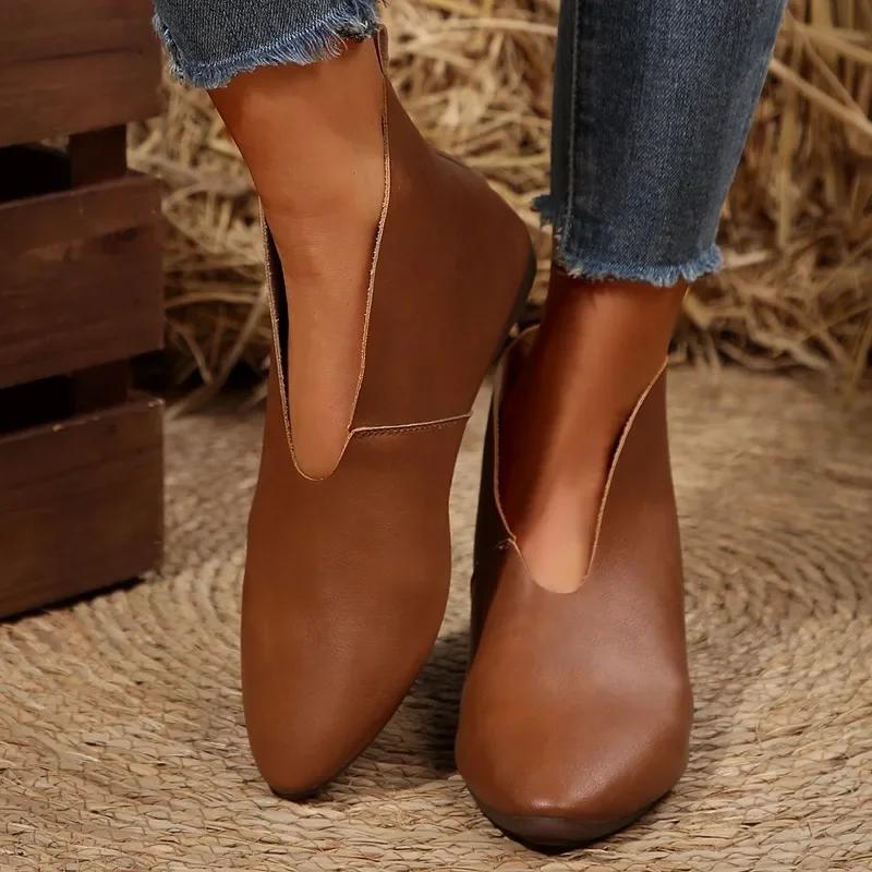 Обувь Женская 2025 Большой Размер Ботильоны Женские Ретро Современные Ботинки Женские Швы Заостренный Носок Слипоны Низкий Каблук Уличная Обувь Женская