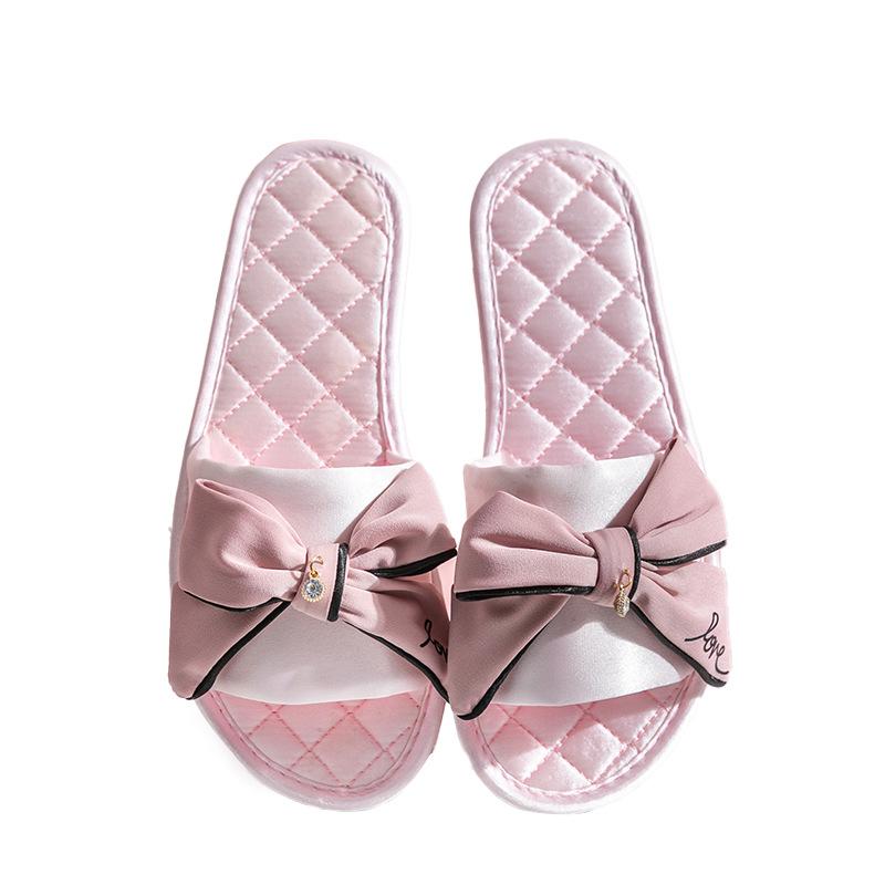 Элегантные мохнатые тапочки с атласным бантом и открытым носком, летние домашние тапочки, женские простые четырехсезонные дышащие сандалии, домашние туфли, розовые тапочки