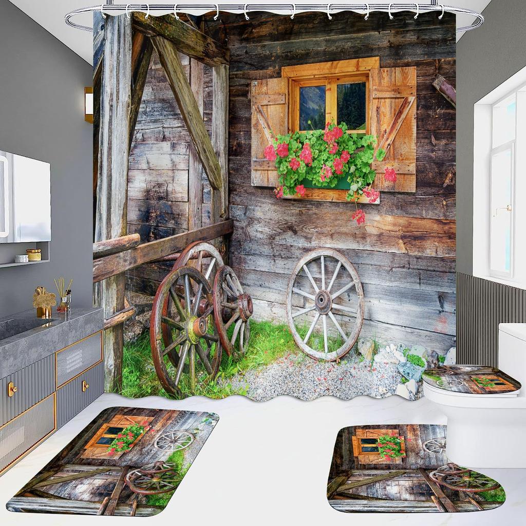 4 шт., наборы занавесок для душа в европейском стиле с архитектурой замка Мандала для ванной комнаты, нескользящие коврики для ванной комнаты, крышка для унитаза, коврик для ванной