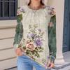 Женская модная повседневная футболка с цветочным ретро-принтом, плиссированная, удобная, с круглым вырезом, свободная, с длинным рукавом