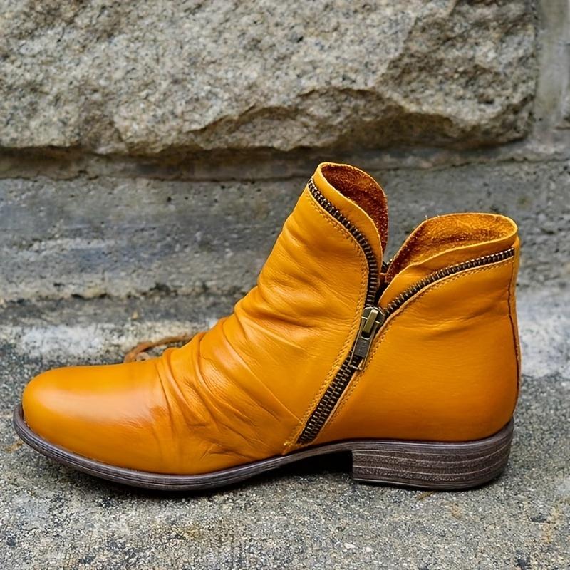 Womens Double Zipper Ankle Boots - Stylish & Comfortable with Chunky Low Heel - Timeless Solid Color, Vintage Ruched Detail - Trendy Short Boot