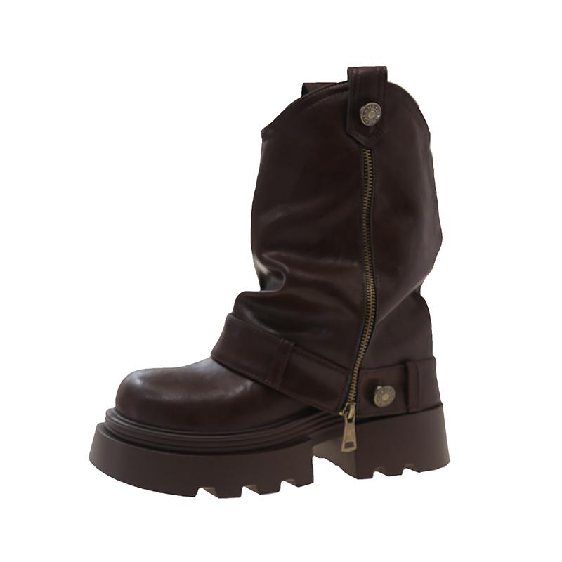 Женские высокие сапоги на платформе, челси, толстый каблук, короткие плюшевые зимние ботинки до середины голени, зимние трендовые кожаные ботинки на молнии в готическом стиле 2025 года