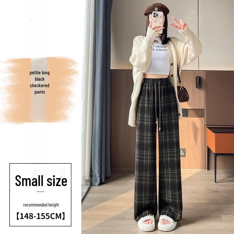 Women's Retro High-Waist Wool Plaid Pants - Contrast Color, Wide-Leg, Floor-Length, Velvet-Lined for Autumn/Winter 2024