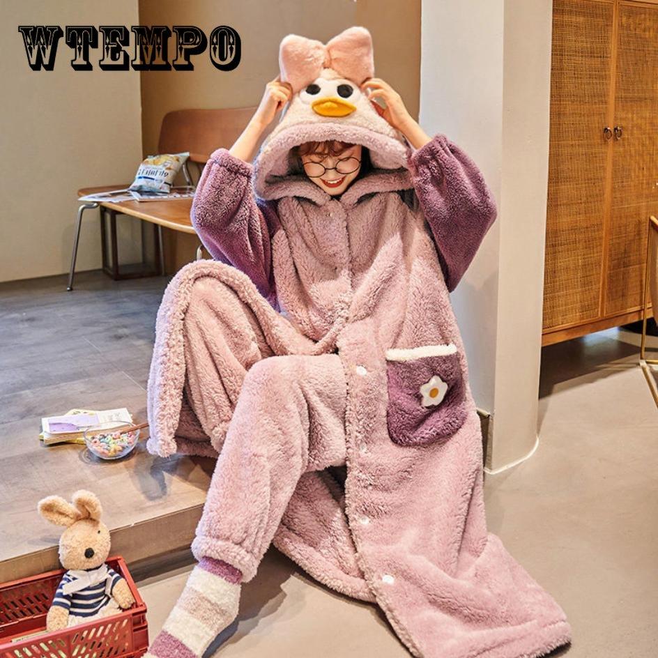 Coral Velvet Nightgown Women's Autumn and Winter Long Thickened Plush Home Clothes Lovely Flannel Pajamas Women's Two-piece Suit