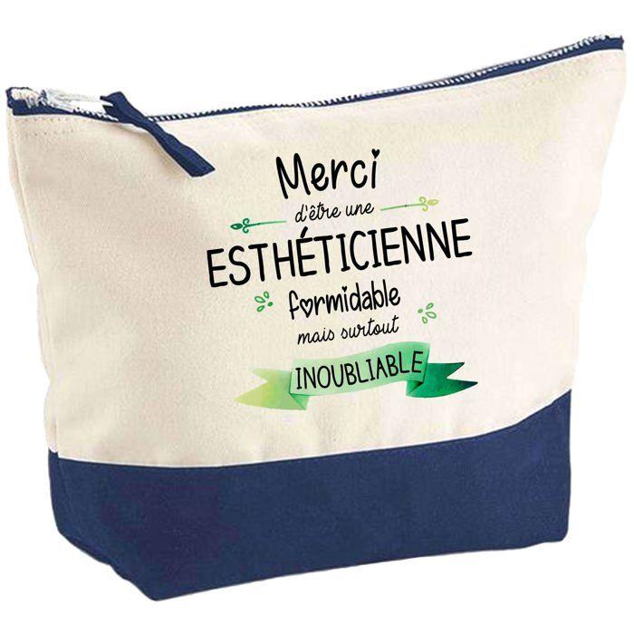Pochette fond bleu Merci Esthéticienne Inoubliable - Cadeau Original Trousse Maquillage Grand Format
