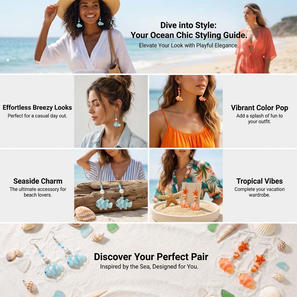 Design Sense 3D Simulation Clownfish Earrings for Women Bohemia Starfish Rice Bead Pendant Earrings Delicate Summer Jewelry Gift