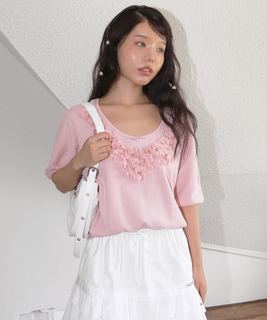 NOFFICIALNOFFICE Flower Deco Ribbon Top Pink