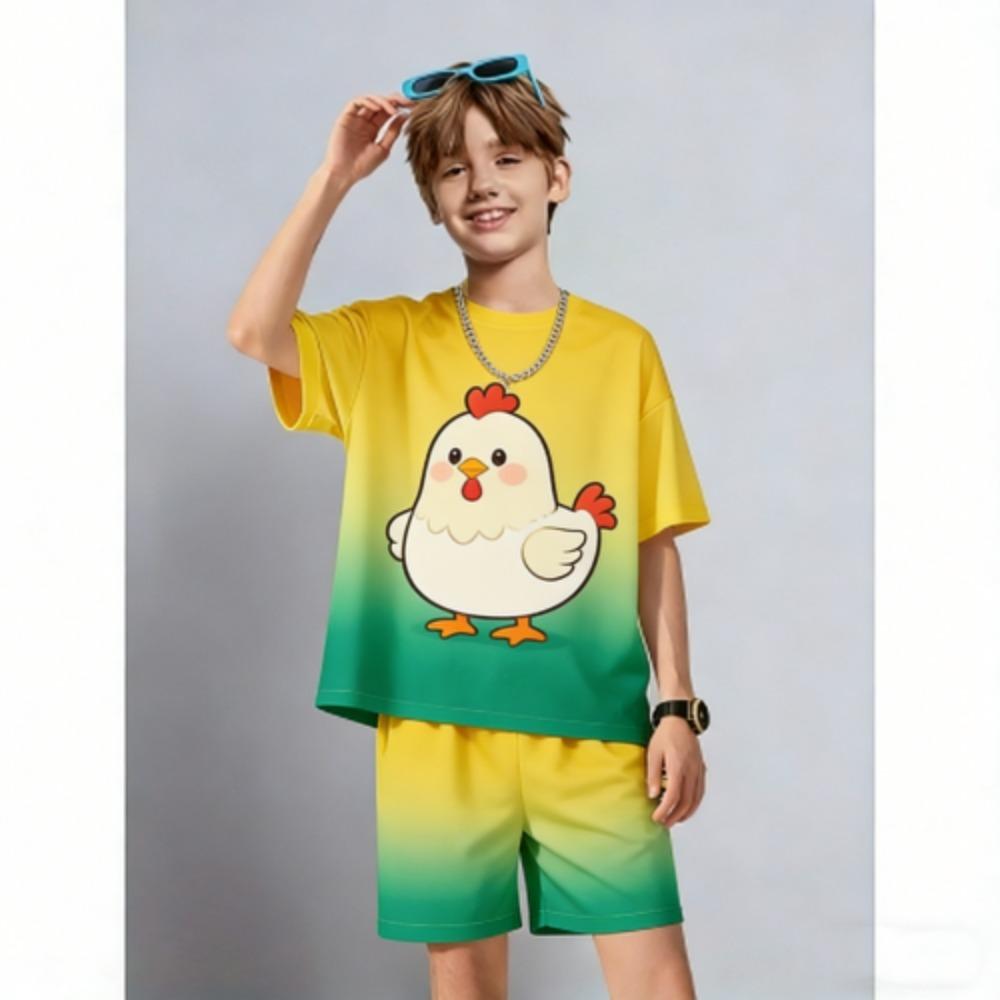 Summer Men's Set Anime Cartoon Chicken Printed Men's T-shirt and Shorts 2 Piece Set Summer Casual Outdoor Men's and Women's Outfit