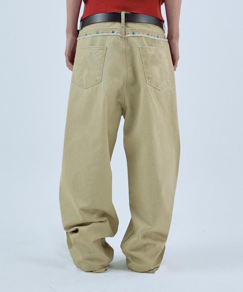 NOISE Studded Curved Cotton Pants - Beige