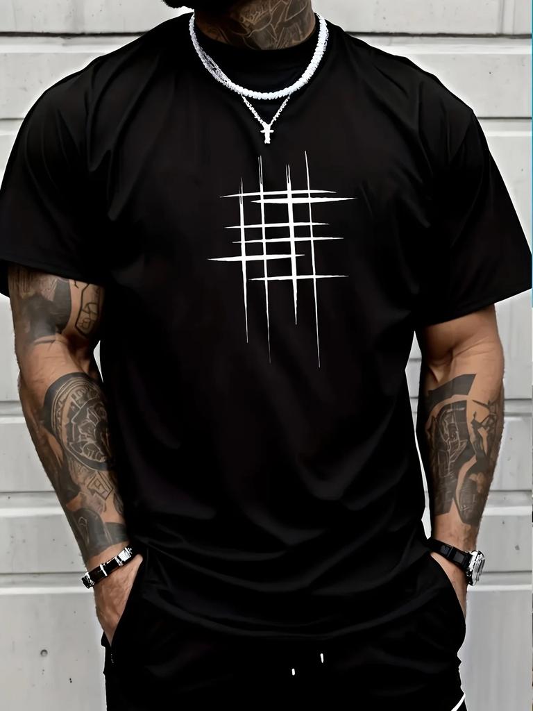 Geometric Black Line Design, Summer Style Tee for Casual Attire