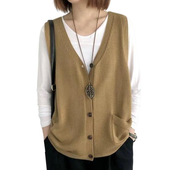 Женский вязаный жилет с V-образным вырезом без рукавов однобортный теплый жилет однотонный свободный крой
