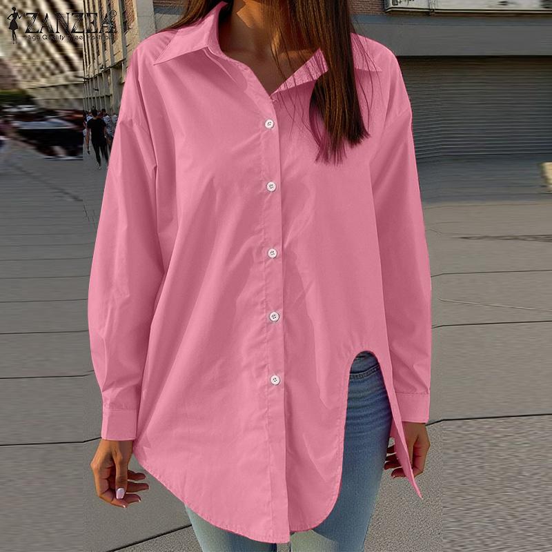 ZANZEA Women Vintage Shirt Collar Irregular Hem Long Sleeve Shirts