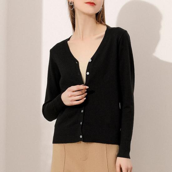 Women Sweater Coat V-neck Long Sleeve Single Breasted Knitting Sweater Solid Color Ribbed Trim Warm Knitted Cardigan