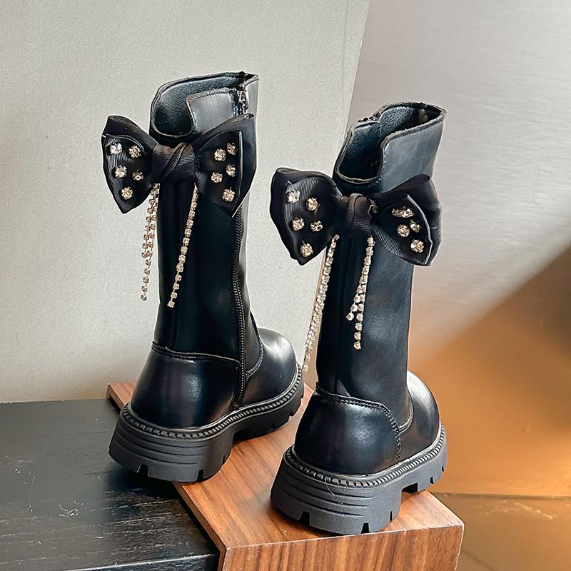 Шикарные элегантные ботинки на платформе для девочек с бантом, универсальные детские модные ботинки, повседневные, трендовые, детские, принцесса, черные, классические ботинки, новые