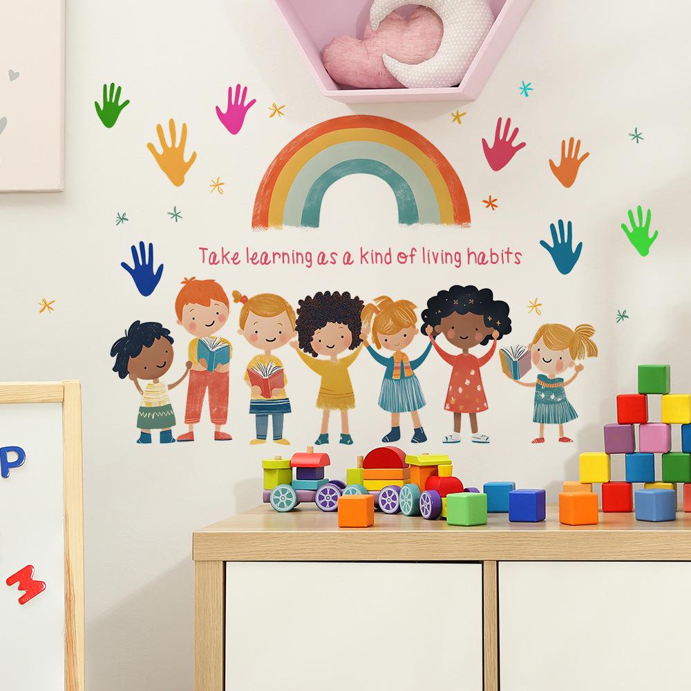 School Season English Slogan Rainbow Handprints Bedroom Living Room Home Background Beautification Decoration Wall Stickers