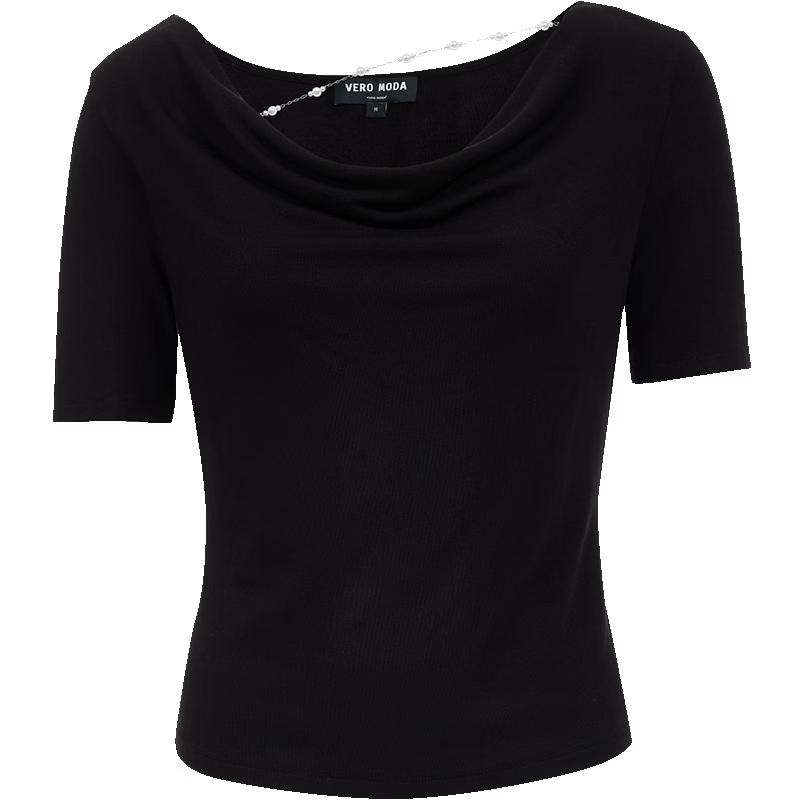 VEROMODA Detachable Pearl Shoulder Chain Cowl Neck Slim Top