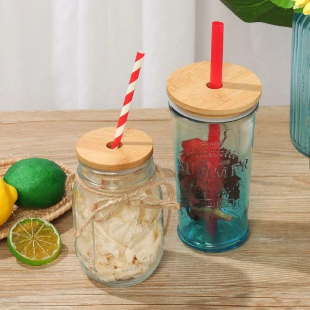 Mason Jar Lids Bamboo Wood Lids Straw Lid With Glass Hole Cup Covers Sealing Cover