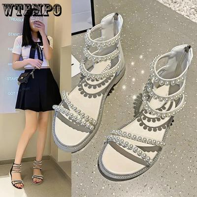 Винтажные французские сандалии на плоской подошве, модные универсальные римские туфли с высоким берцем и молнией сзади