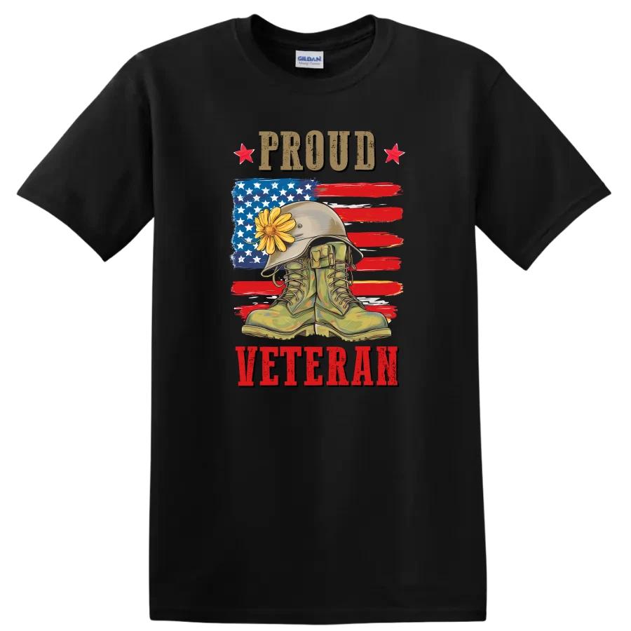 Proud Veteran Military Boots Helmet American Flag T Shirt w/ Tee