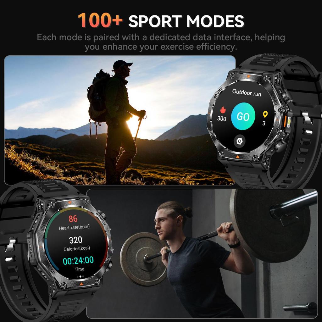 Военные QTLLBT SmartWatch 1,46-дюймовый HD светодиодный фонарик компас фитнес-трекер с функцией спортивные часы, пульсометр SPO2 совместимы с