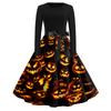 Women's Casual Retro Halloween Dress Long Sleeve Round Neck Vintage Fit and Flare Dress with Bat Print and Waist Tie Belt for Everyday Wear