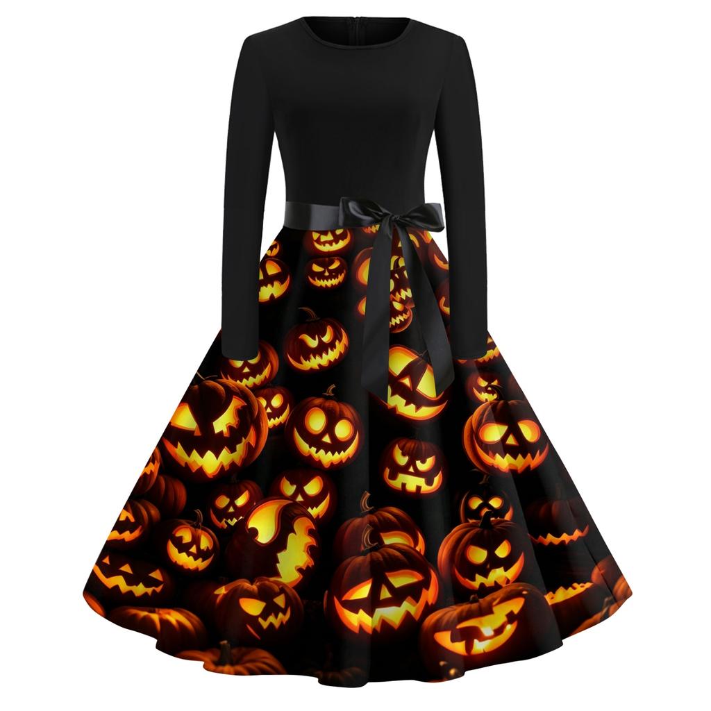 Women's Casual Retro Halloween Dress Long Sleeve Round Neck Vintage Fit and Flare Dress with Bat Print and Waist Tie Belt for Everyday Wear