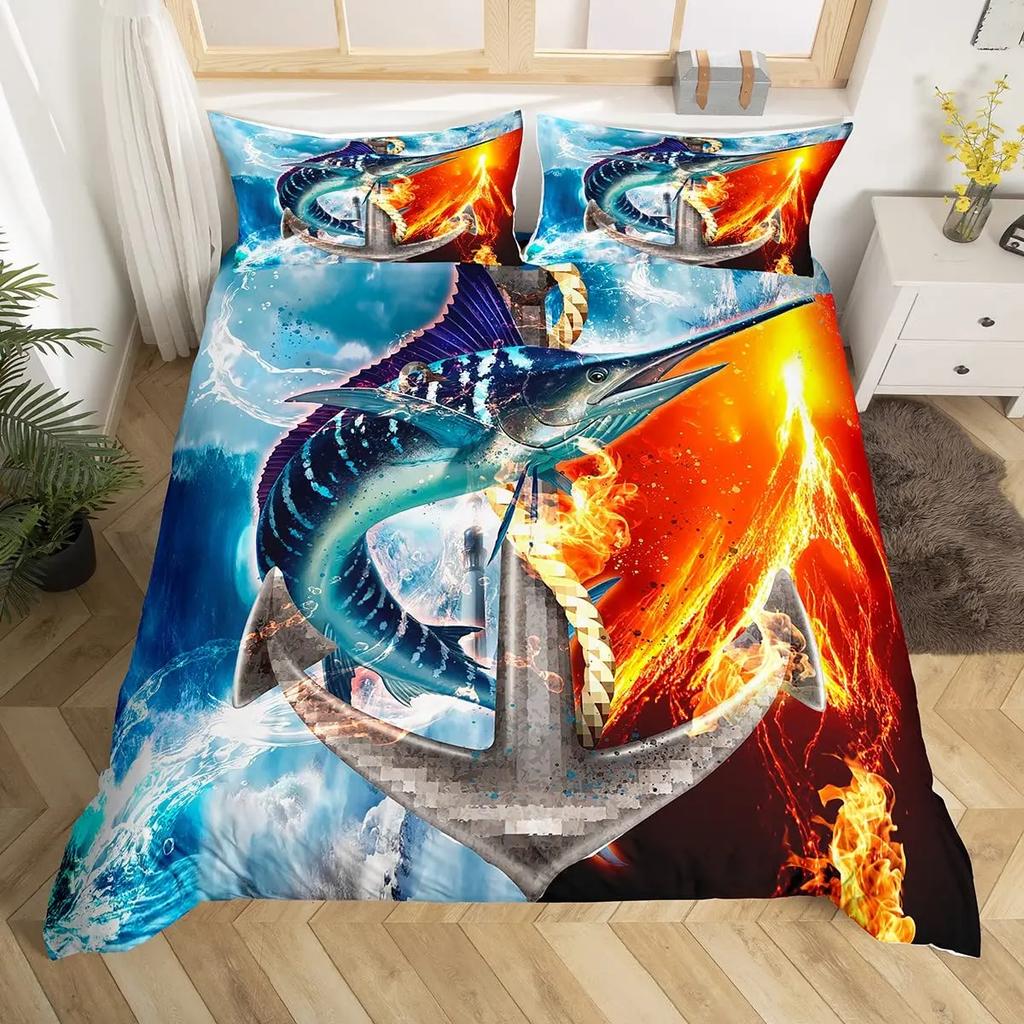 Marlin Swordfish Duvet Cover Set Hunting Fishing Bedding Set Tie Dye Sea Fishing Boat Marine Life Nautical Comforter Cover Queen