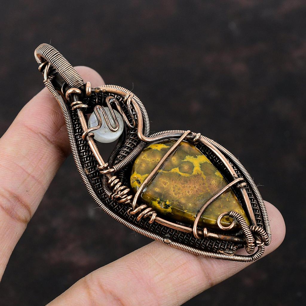 Ocean Jasper Pendant Rainbow Moonstone Pendant Copper Wire Wrapped Pendant Handmade Stylish Jewelry Gemstone Pendant For Gift Copper Jewelry
