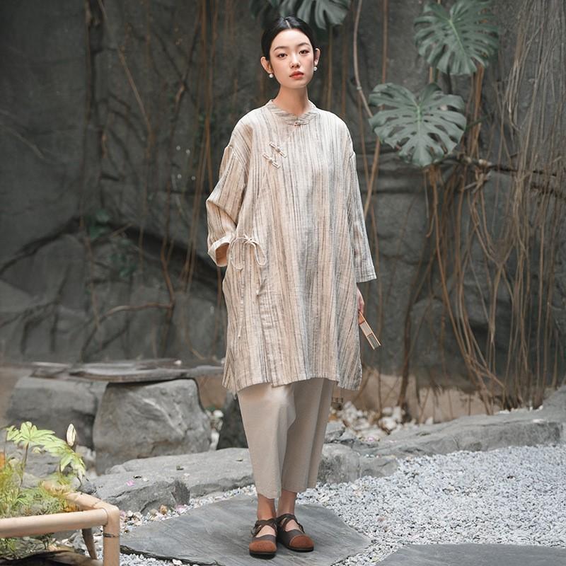 Johnature Women Vintage Striped Shirts Tops Stand Long Sleeve Loose Spring Blouses Button Chinese Style Shirt