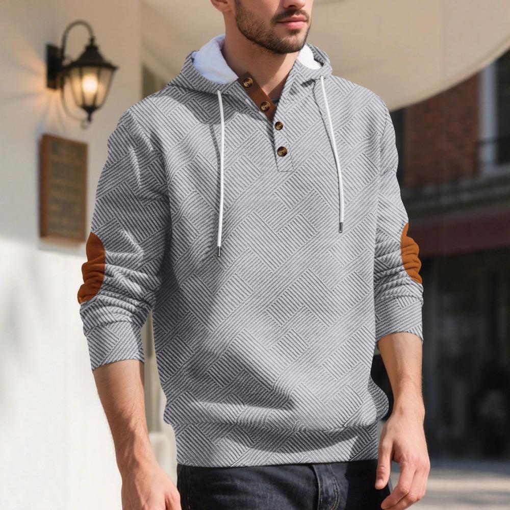 New Mens Fashion Pullover Hooded Long Sleeve Drawstring Button Sweatshirt Streetwear Texture Athletic Hiking Outdoor Jackets