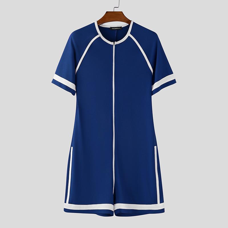 INCERUN Men Short Sleeve Stitching Fitted Jumpsuits Romper Bodysuits Pajamas Home Wear