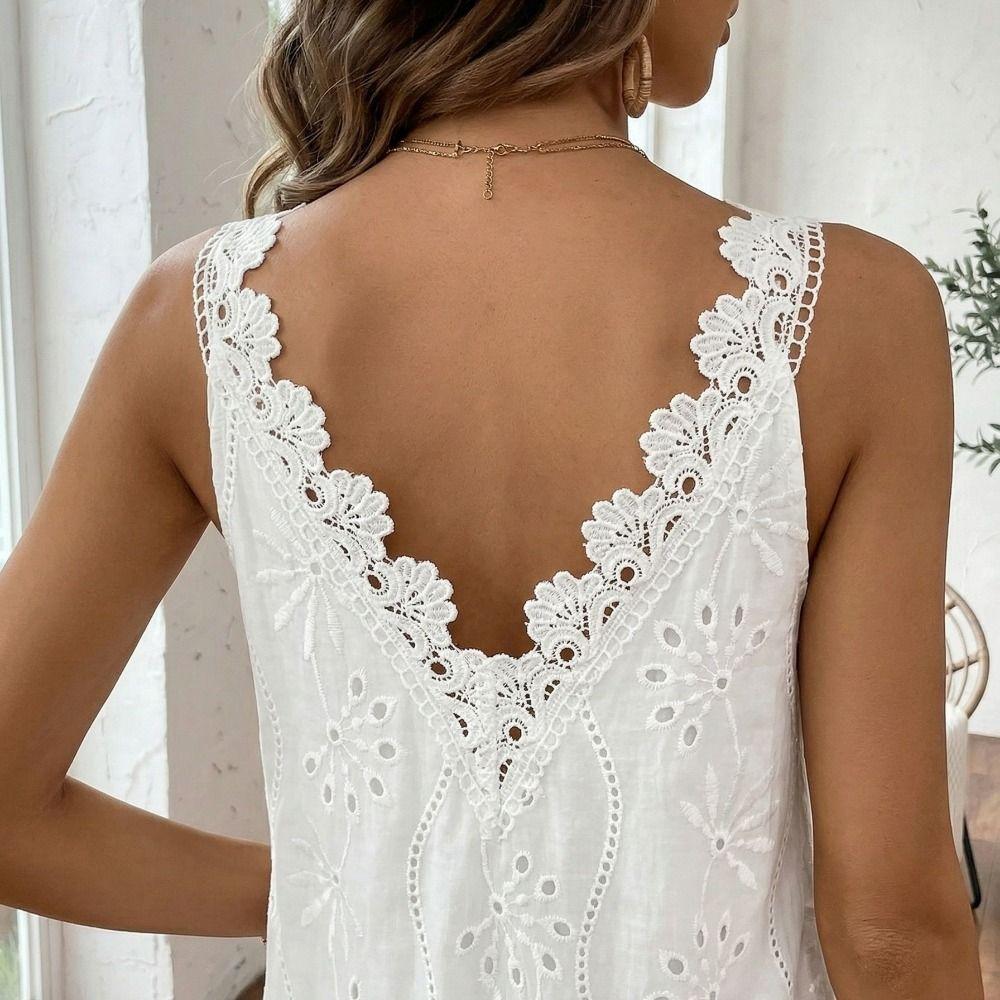 A-line Summer Casual Skirt Embroidery Mid Dress Fashion V-Neck Lace Dress Beach Vacation