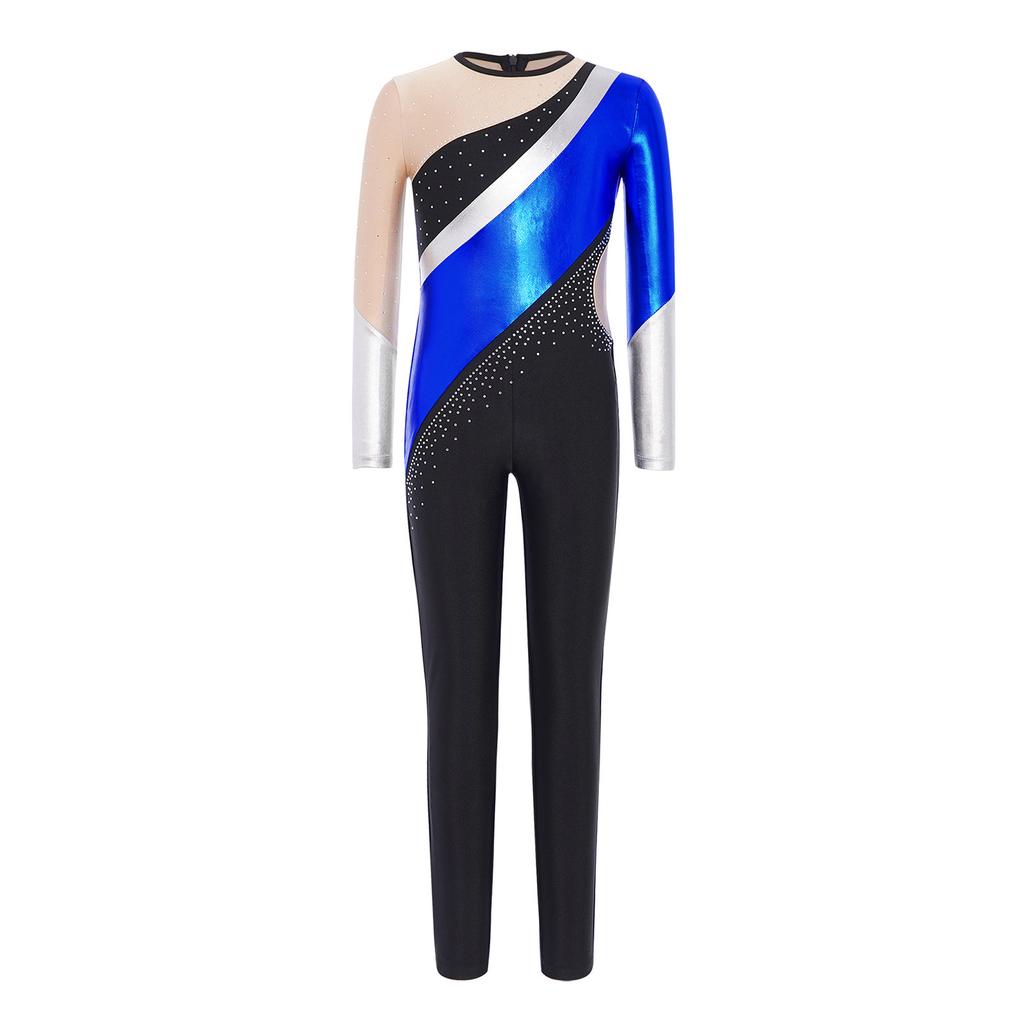 Girls Gymnastics Jumpsuit Metallic Color Block Design Round Neck Long Sleeve Back Invisible Zipper Bodysuit