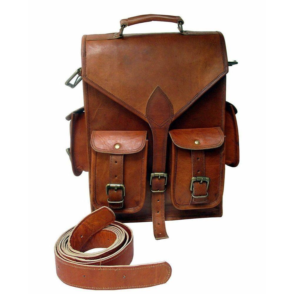 Vintage Goat Leather Backpack Messenger Real Satchel Bag Genuine Laptop Brown