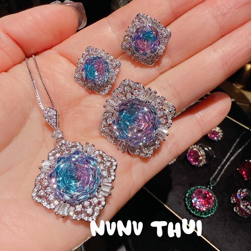 Zixia Fairy, Lavender Gemstone Rose Cut Honeycomb Necklace Haute Couture Jewelry, Sea Blue Sparkling Diamond Ring Set