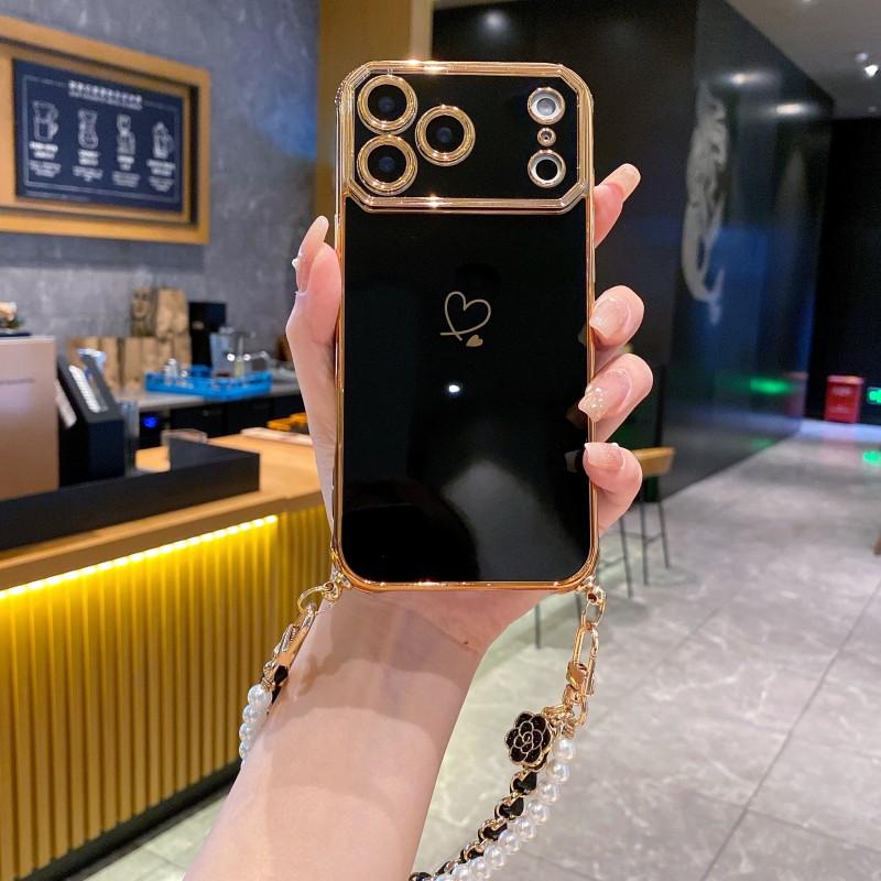 Чехол с жемчужным ремешком для iPhone 17 Pro Max 16 14 13 15 Plus Air Plating Чехол-защита камеры с рисунком в виде сердца Ударопрочный Мягкий Металлический Ремешок