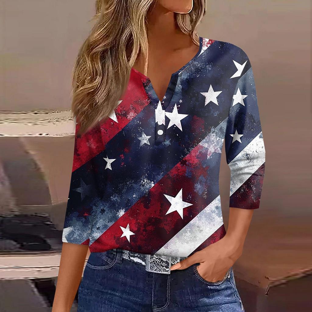 Women's T Shirt Tee Independence Day Printed Button  3/4 Sleeve Tunic Daily Weekend Fashion Basic V- Neck Regular Top