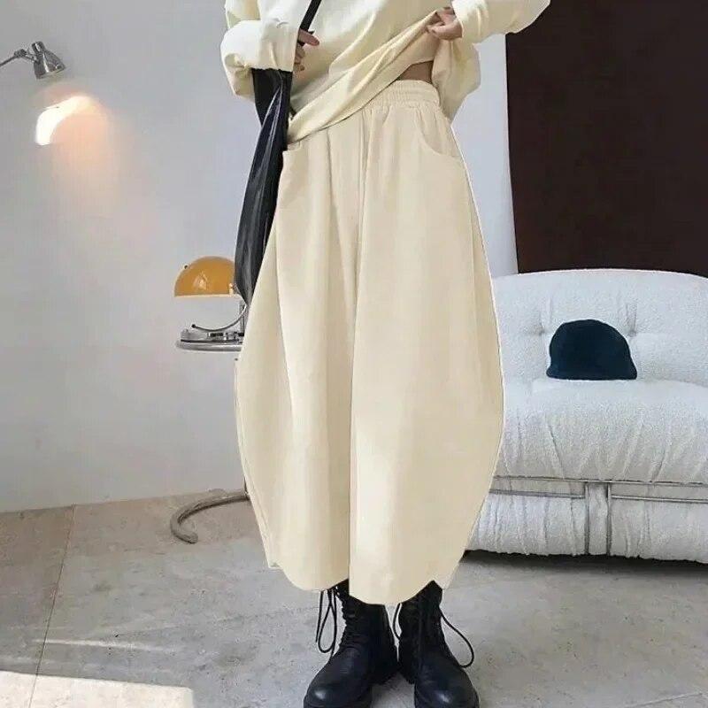 Vintage Loose Bloomers Womens Pants Spring Elegant Wide-legged Harem Pants With Pockets Autumn Office-lady Solid Trousers 30016