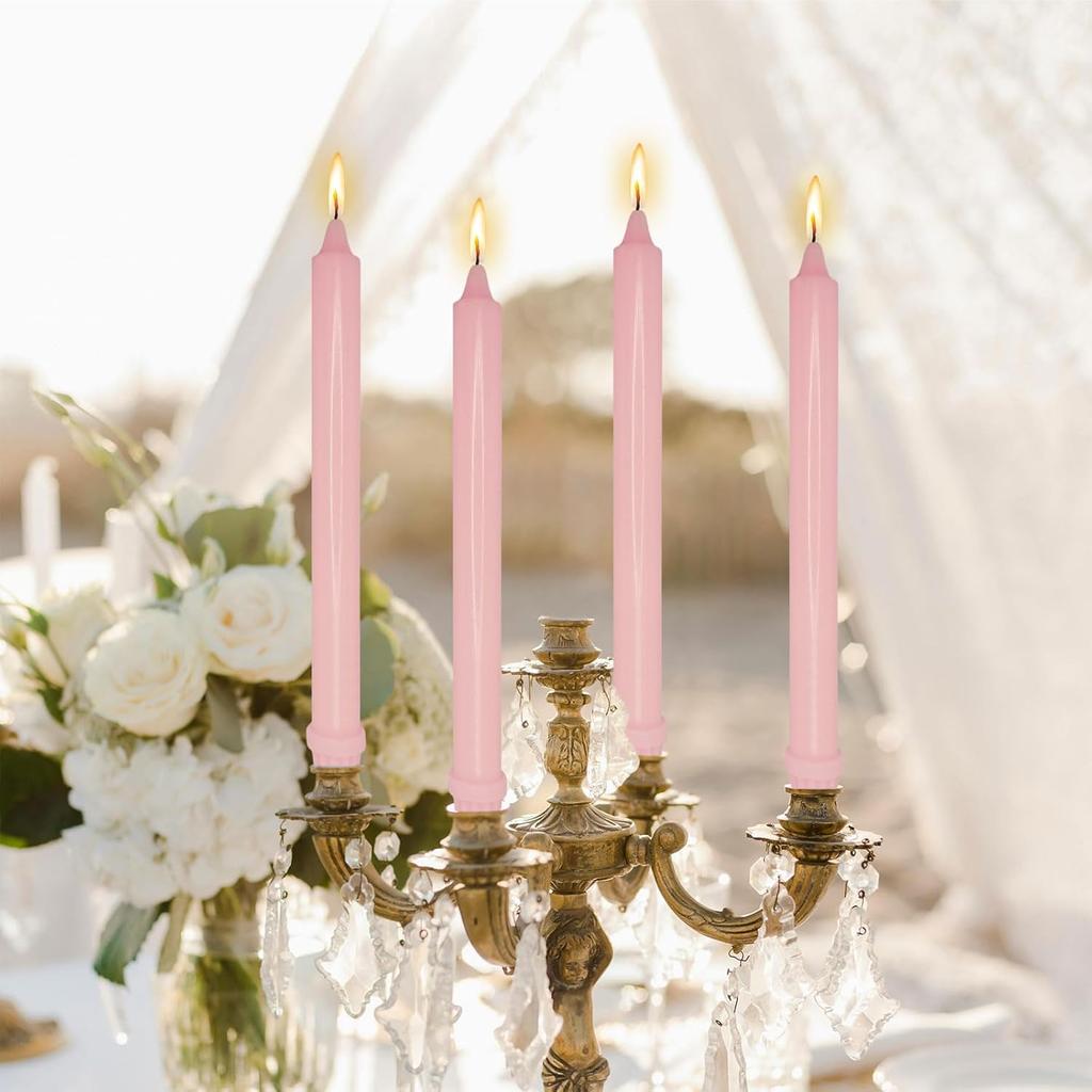 10 Inch Pink Handmade Taper Candles Unscented Colored Candle Set Pack 4 for 9-11 Hours Burn for Christmas