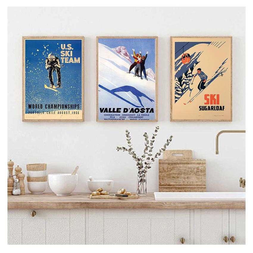 Винтажные настенные крафт-постеры с покрытием, настенные наклейки для украшения дома, фотографии в стиле ретро, ​​лыжи в Альпах, Швейцария, холст, живопись, катание на лыжах