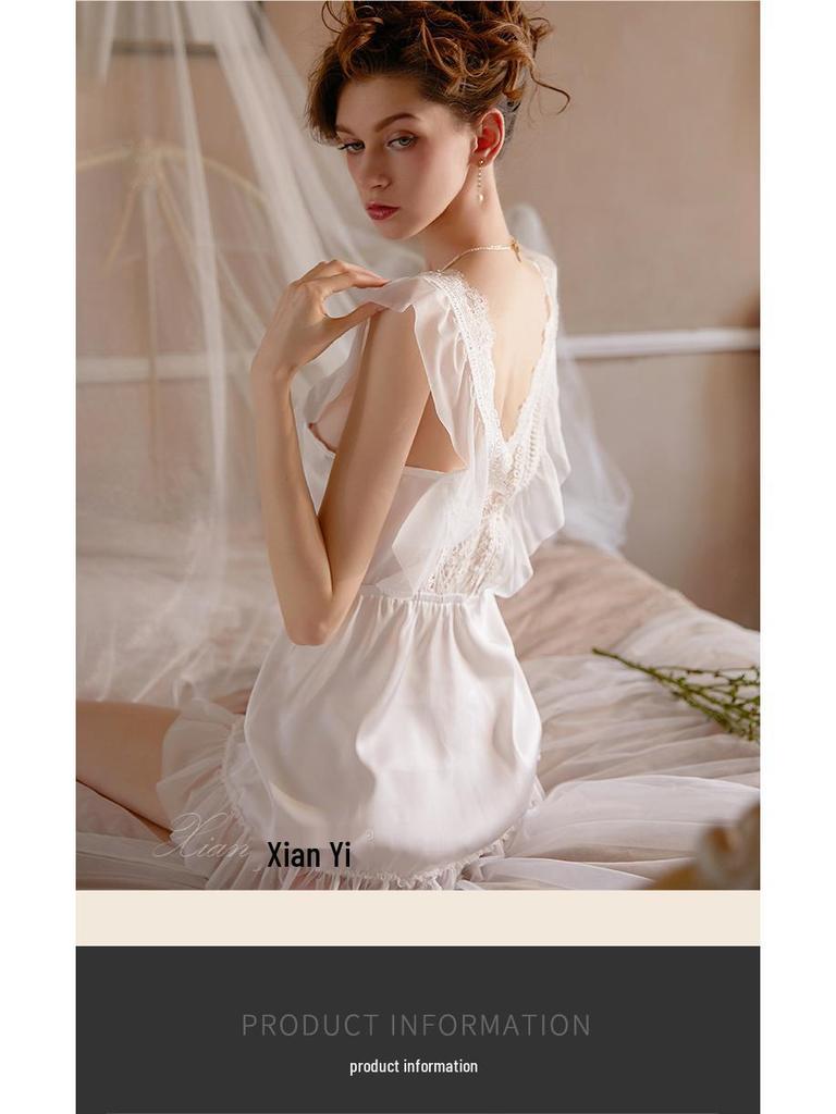 Комплект пижамы Xianyi Lace с водорастворимым цветочным кружевом: Женская сексуальная ночная сорочка на бретелях с глубоким V-образным вырезом для осенне-зимней домашней одежды.