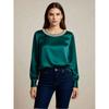 Elegant French-Inspired Pearl-Embellished Satin Blouse Women Round Neck Long Sleeve Office Shirt In Solid Colors