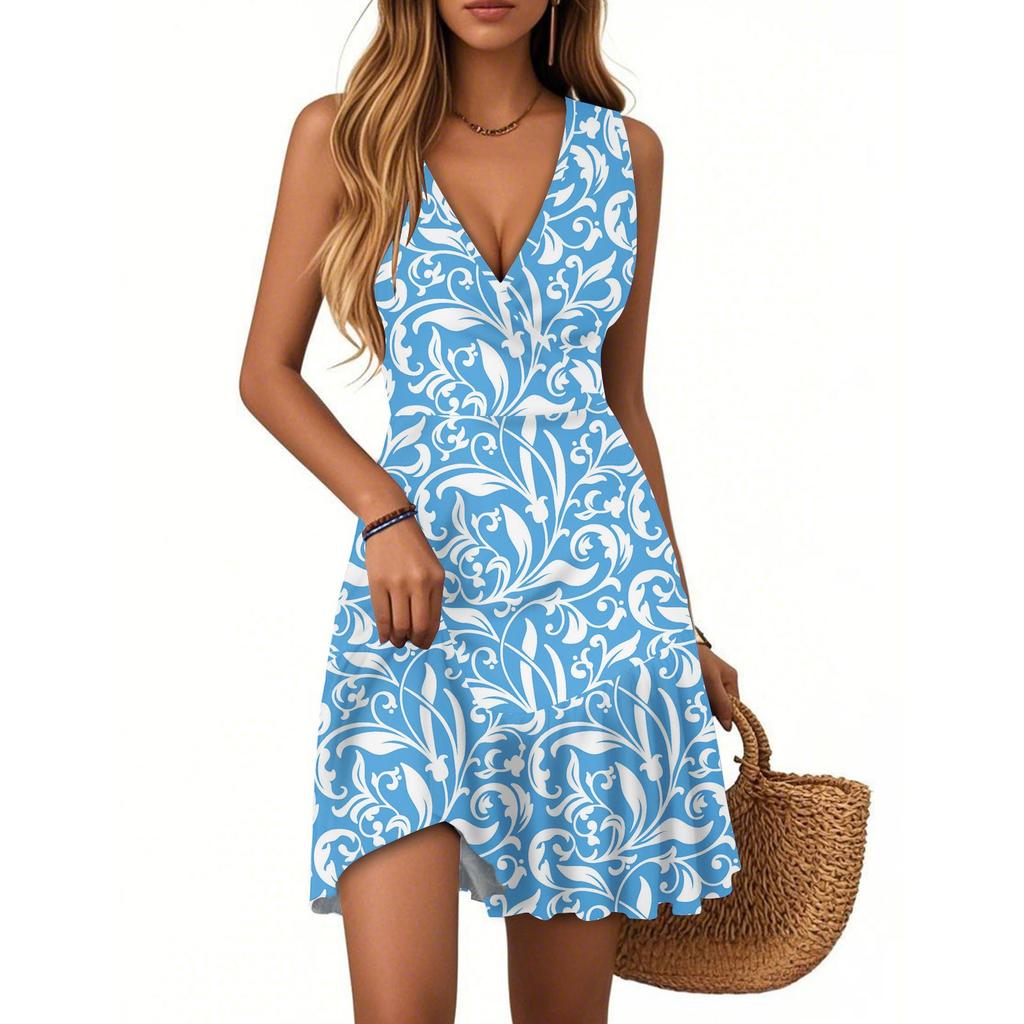 Women's Dress V-neck Sleeveless Casual Floral Print Hem Pleated Dress