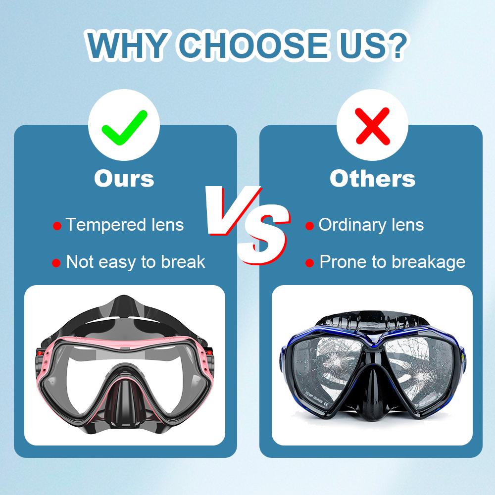 Diving Mask Swimming Goggles Scuba Snorkel Silicone Skirt Tempered Glass Panoramic HD for Adult Youth Anti-Fog with Nose Cover